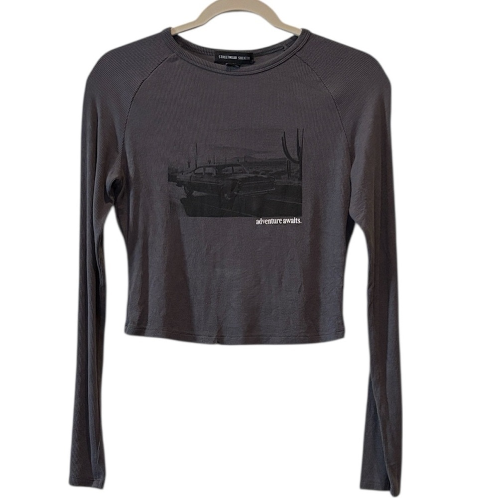Streetwear Society Charcoal Ribbed Long Sleeve Crop Tee Adventure Awaits Graphic